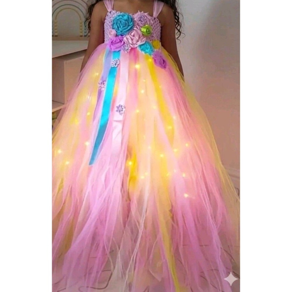 Unicorn Light Up Princess Dress it features a layered rainbow colored Size 10